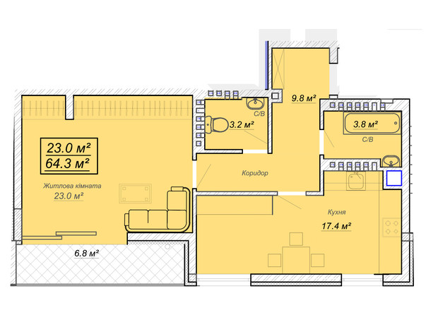 ЖК Grand Village: планировка 2-комнатной квартиры 62.2 м²