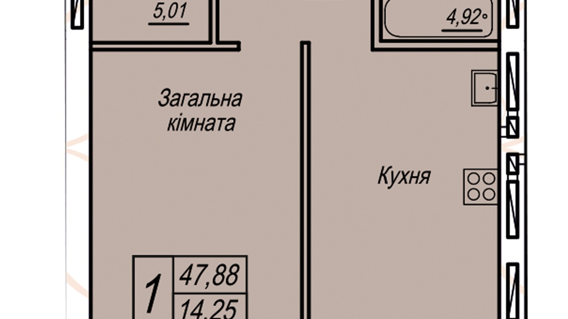 Планування 1-кімнатної квартири в ЖК Статус 47.88 м², фото 541955