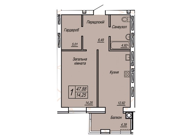 ЖК Статус: планировка 1-комнатной квартиры 47.88 м²