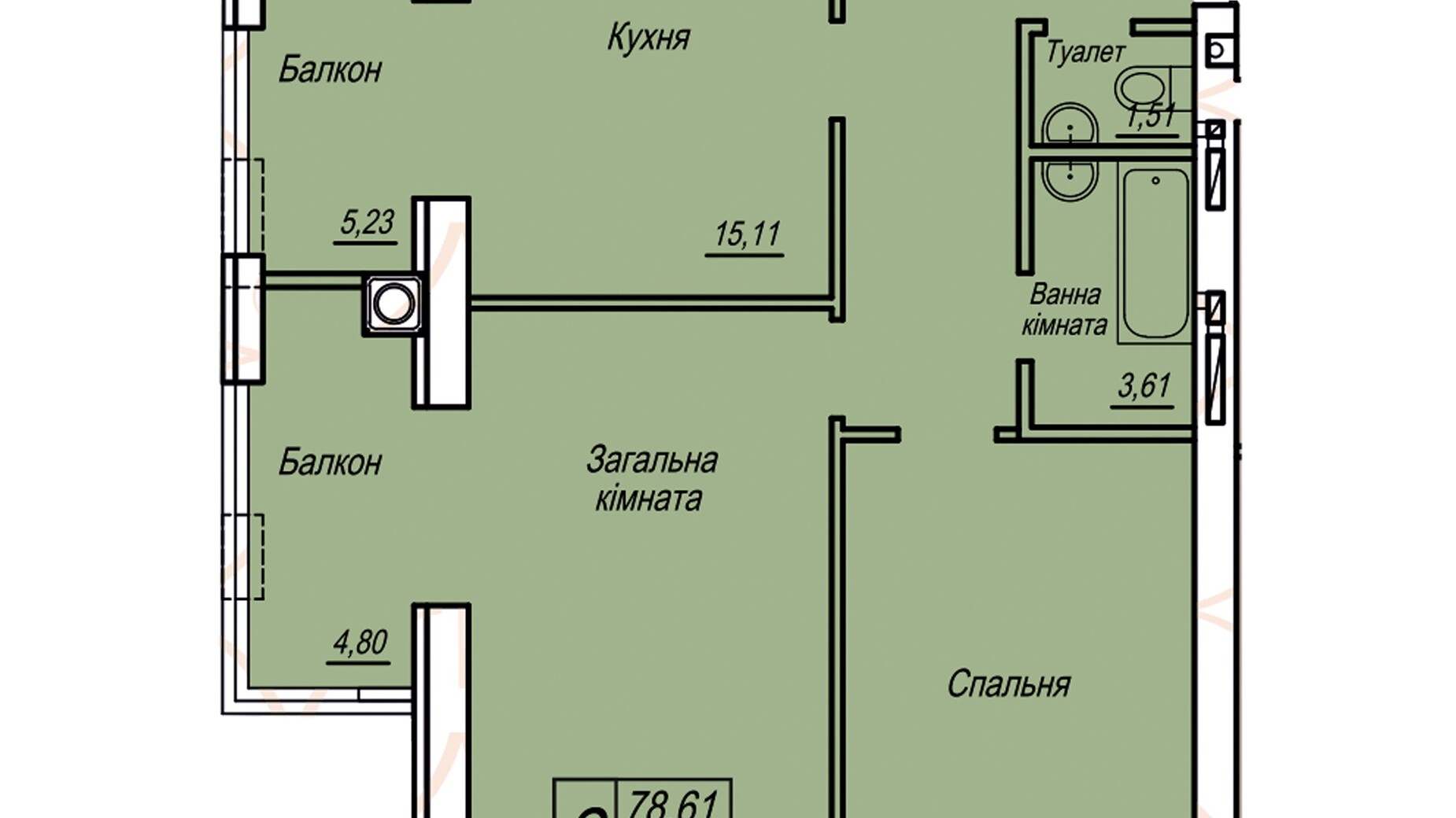 Планировка 2-комнатной квартиры в ЖК Статус 78.61 м², фото 541957