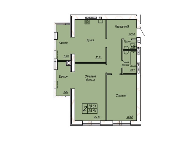 ЖК Статус: планировка 2-комнатной квартиры 78.61 м²