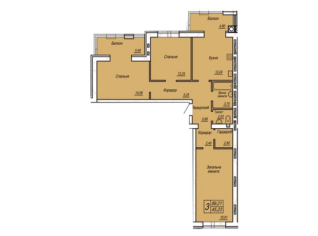 ЖК Статус: планировка 3-комнатной квартиры 89.21 м²