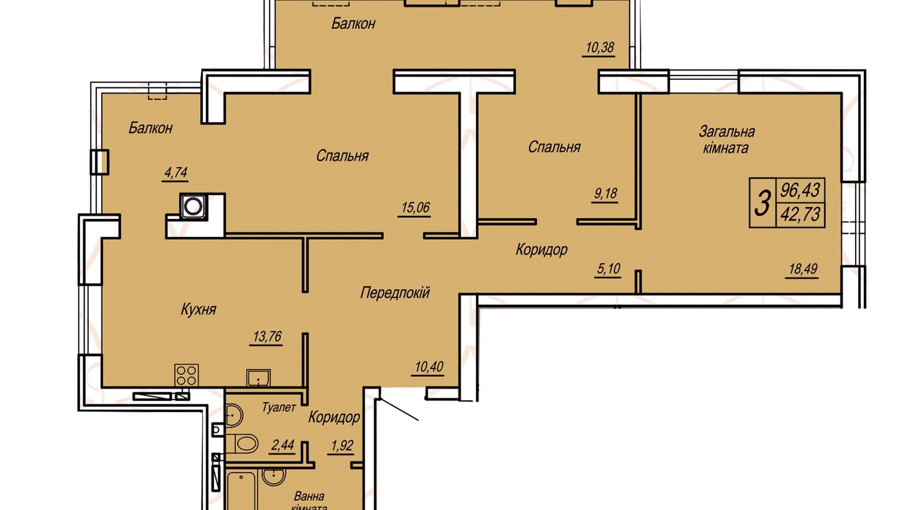 Планировка 3-комнатной квартиры в ЖК Статус 96.43 м², фото 541962