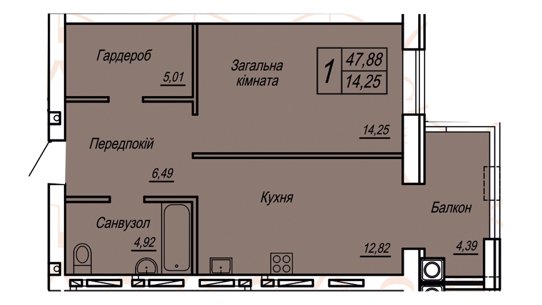 Планировка 1-комнатной квартиры в ЖК Статус 47.88 м², фото 542024