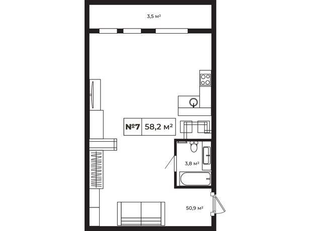 ЖК Paradise Avenue: планування 1-кімнатної квартири 58.2 м²