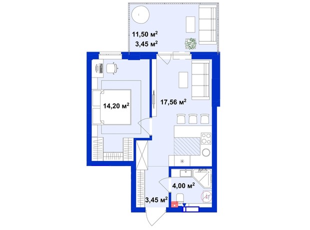 ЖК Ютландия 2: планировка 1-комнатной квартиры 42.66 м²