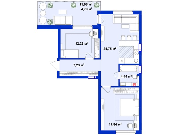ЖК Ютландия 2: планировка 2-комнатной квартиры 71.33 м²