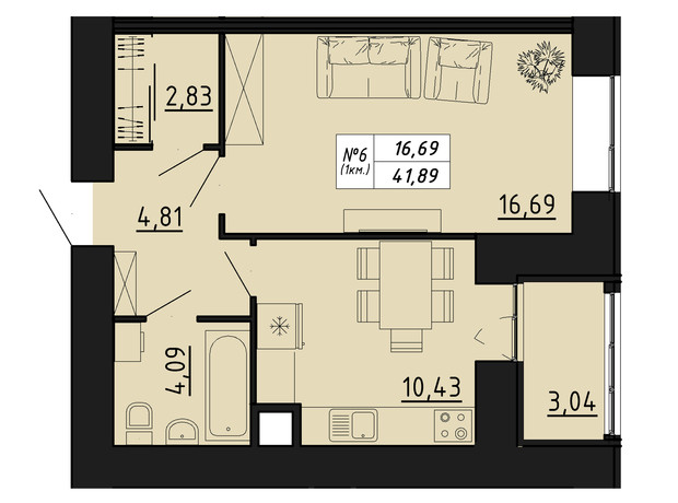 ЖК Freedom: планировка 1-комнатной квартиры 41.89 м²