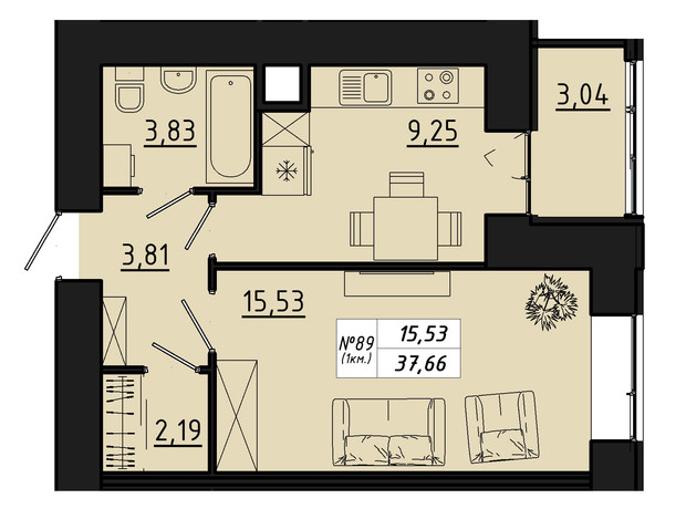 ЖК Freedom: планировка 1-комнатной квартиры 37.66 м²