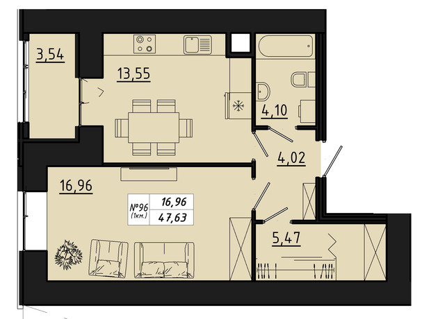 ЖК Freedom: планировка 1-комнатной квартиры 47.63 м²
