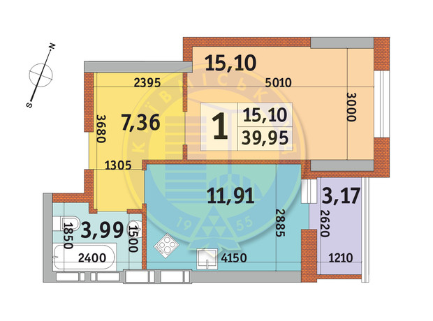 ЖК Урлівський-2: планування 1-кімнатної квартири 39.95 м²