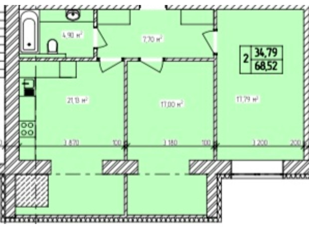 ЖК Автобіографія : планування 2-кімнатної квартири 68.52 м²