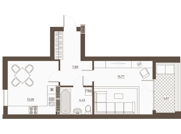 ЖК Hvoya: планування 1-кімнатної квартири 46.99 м²