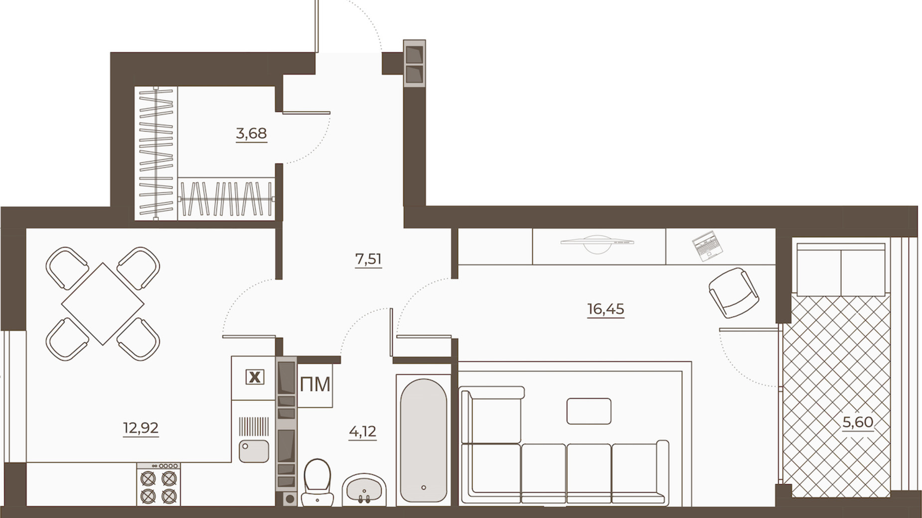 Планировка 1-комнатной квартиры в ЖК Hvoya 50.28 м², фото 543288