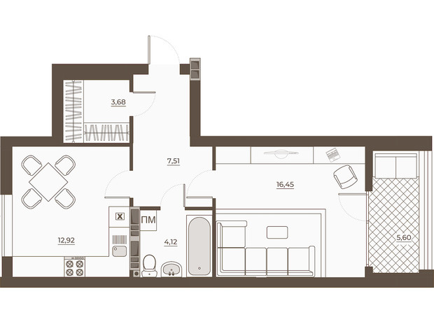 ЖК Hvoya: планування 1-кімнатної квартири 50.28 м²