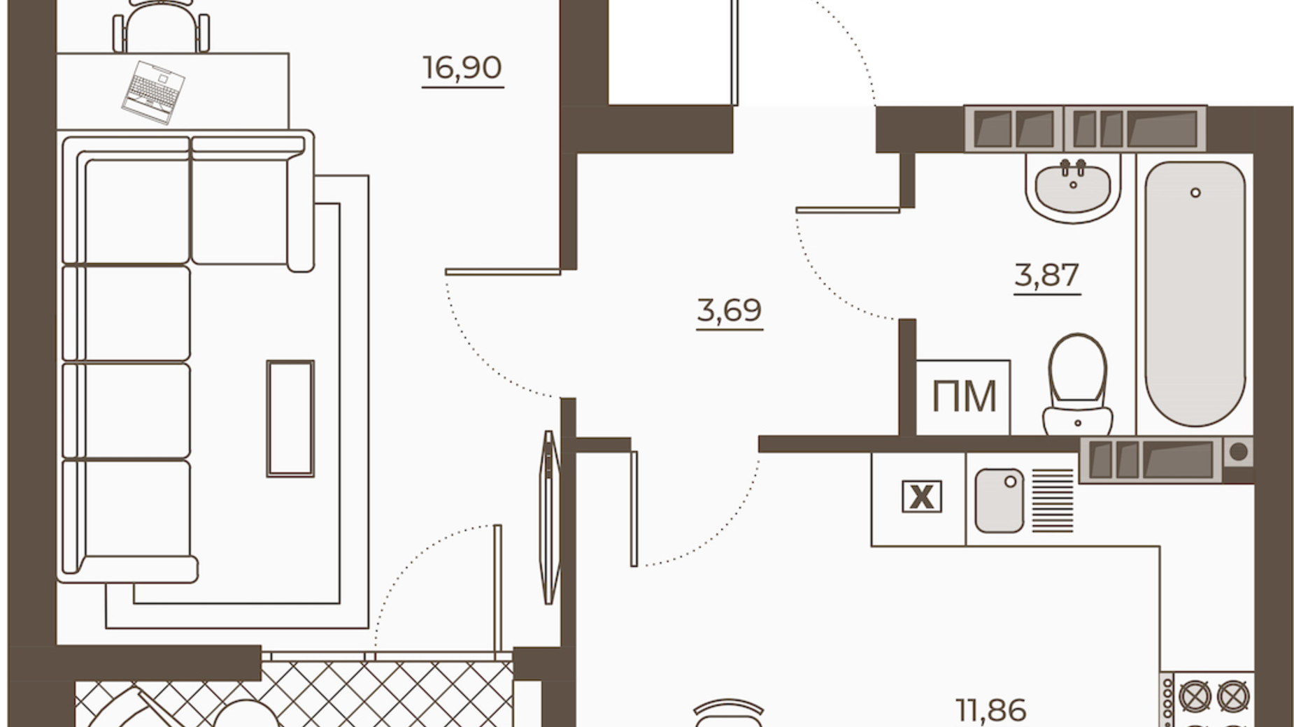 Планування 1-кімнатної квартири в ЖК Hvoya 40.85 м², фото 543289