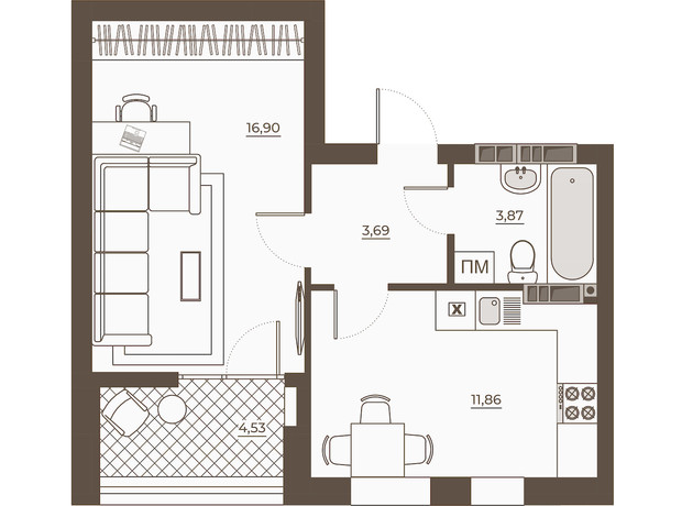 ЖК Hvoya: планування 1-кімнатної квартири 40.85 м²