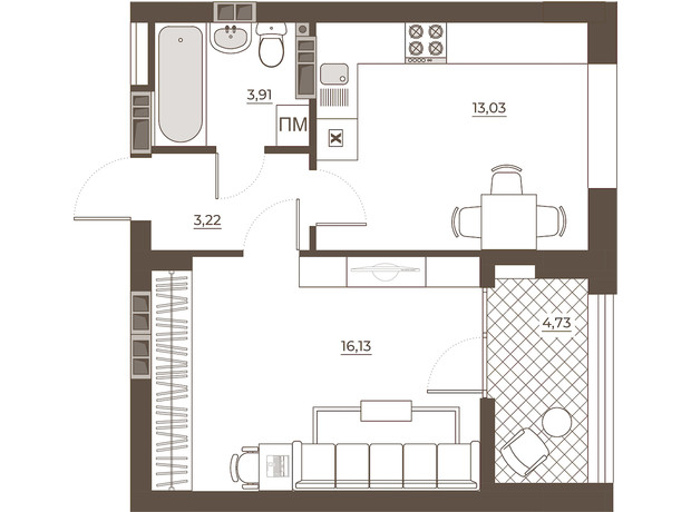 ЖК Hvoya: планировка 1-комнатной квартиры 41.03 м²