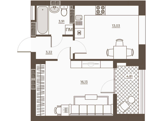 ЖК Hvoya: планування 1-кімнатної квартири 41.11 м²