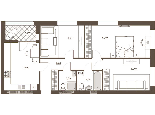 ЖК Hvoya: планування 3-кімнатної квартири 75.55 м²