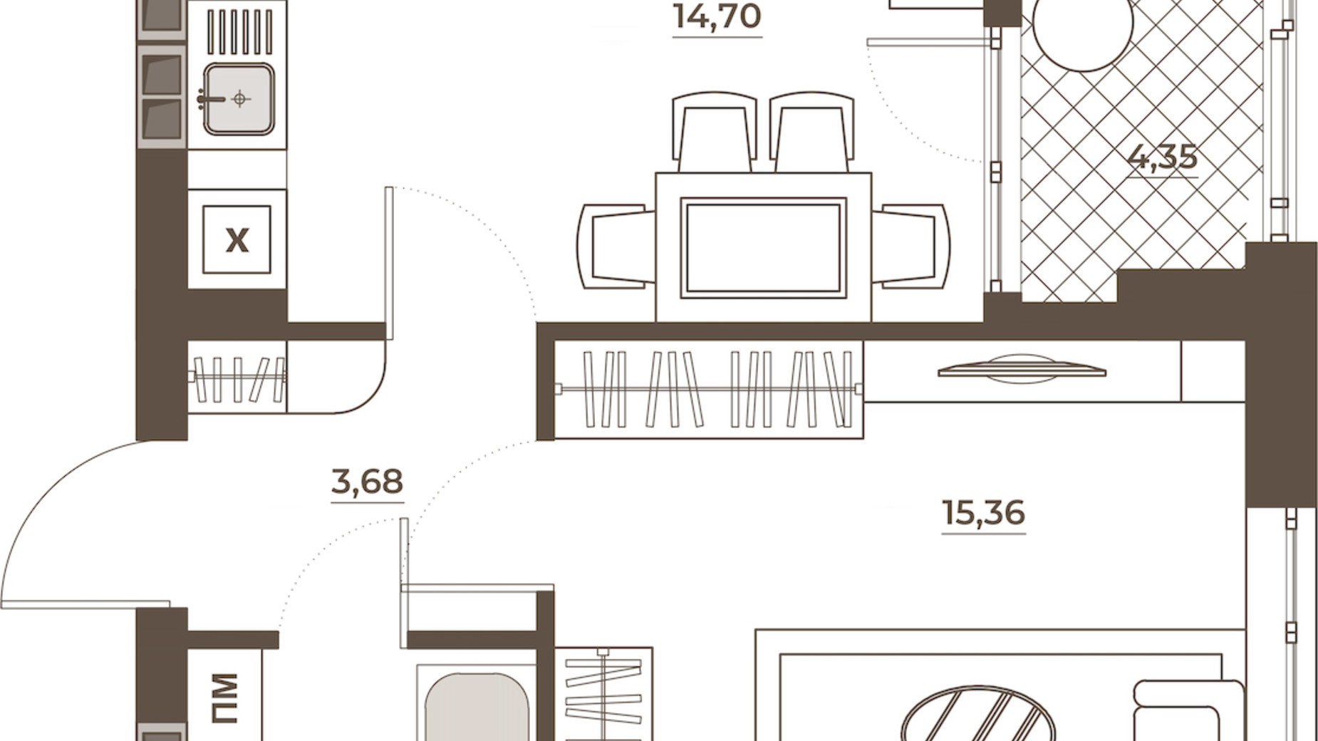 Планировка 1-комнатной квартиры в ЖК Hvoya 41.96 м², фото 543293