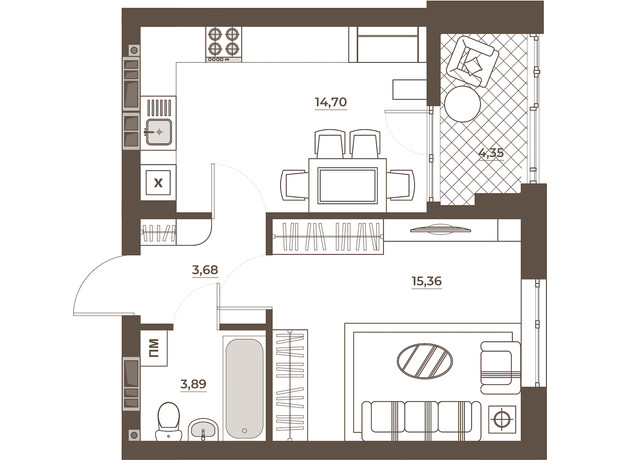 ЖК Hvoya: планування 1-кімнатної квартири 41.96 м²