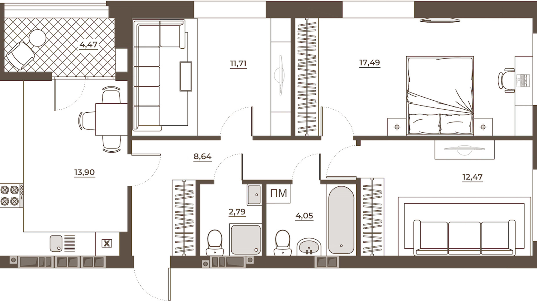Планування 3-кімнатної квартири в ЖК Hvoya 75.52 м², фото 543294