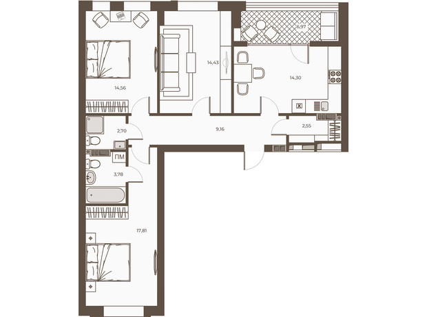 ЖК Hvoya: планування 3-кімнатної квартири 86.26 м²