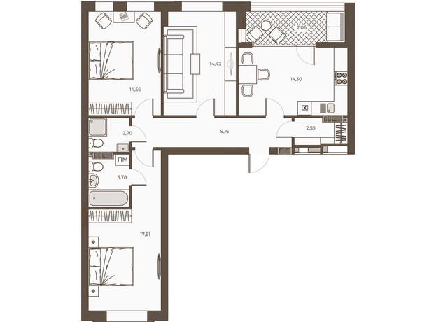 ЖК Hvoya: планування 3-кімнатної квартири 86.36 м²