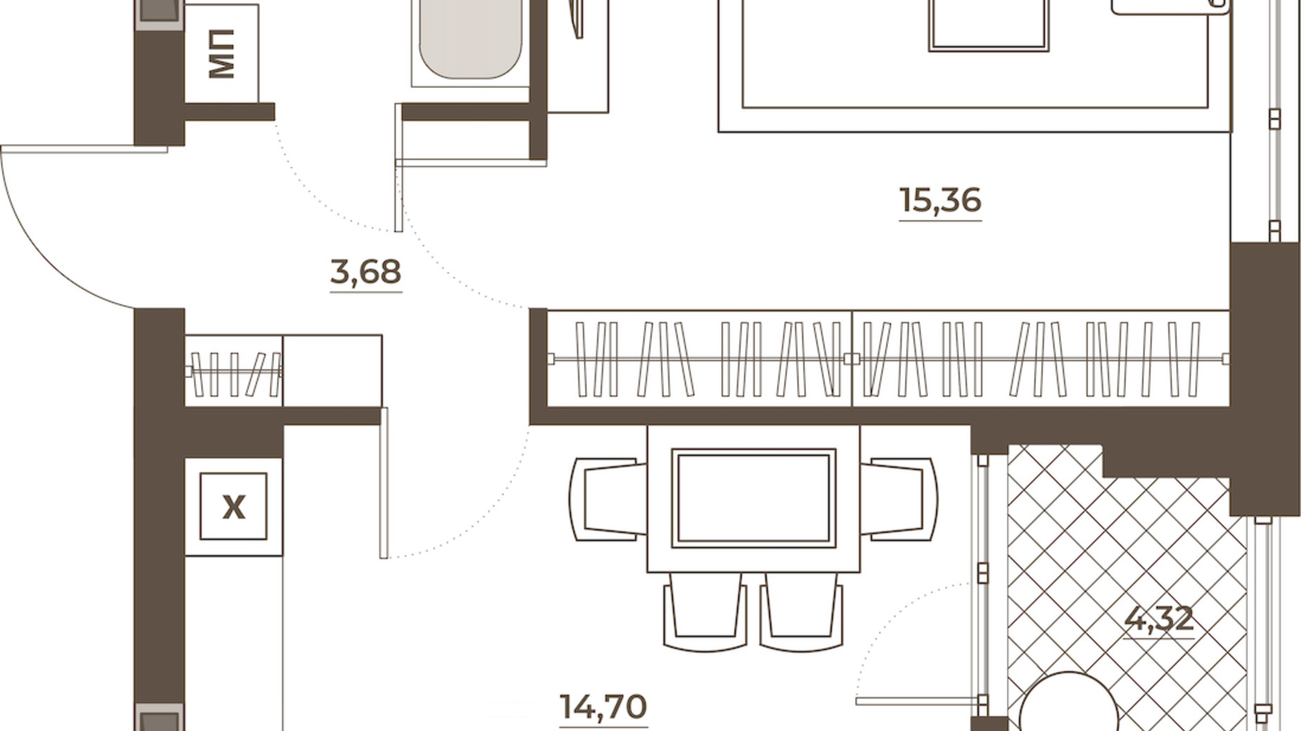 Планування 1-кімнатної квартири в ЖК Hvoya 41.93 м², фото 543299