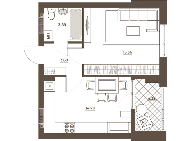 ЖК Hvoya: планування 1-кімнатної квартири 41.93 м²