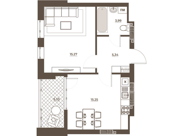 ЖК Hvoya: планировка 1-комнатной квартиры 45.17 м²