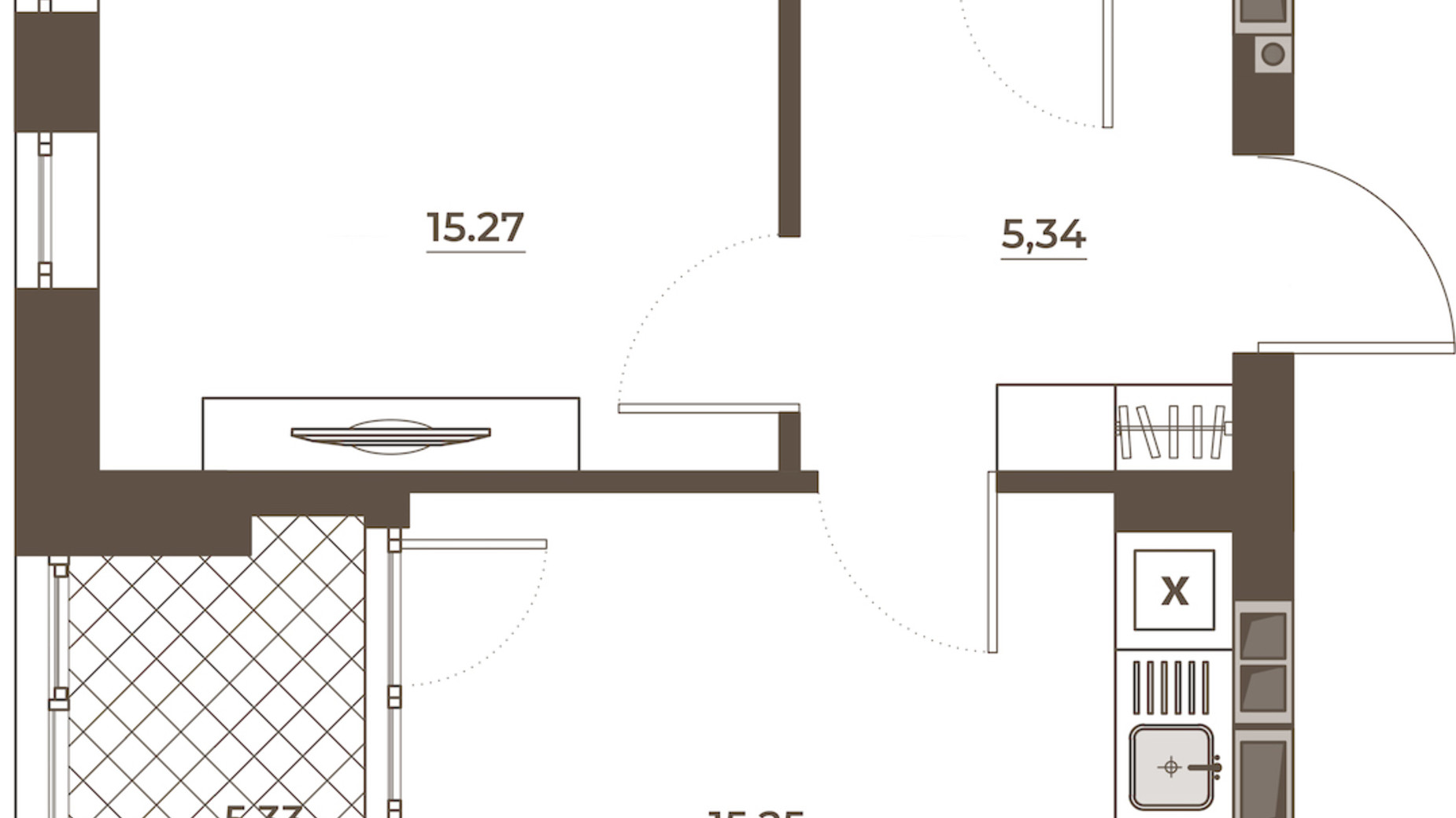 Планування 1-кімнатної квартири в ЖК Hvoya 45.18 м², фото 543301