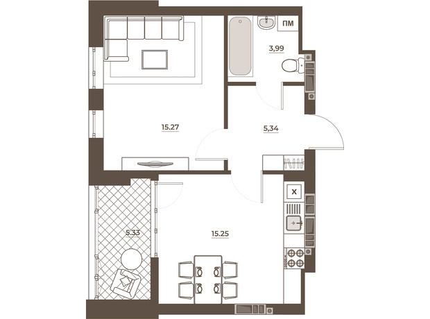 ЖК Hvoya: планування 1-кімнатної квартири 45.18 м²