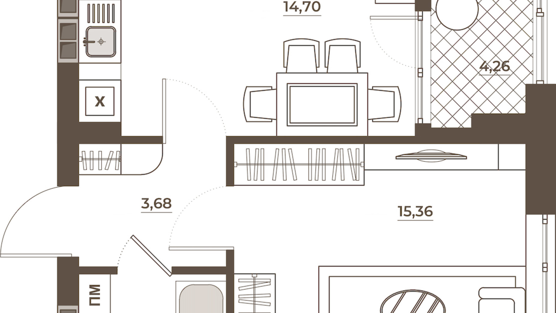 Планування 1-кімнатної квартири в ЖК Hvoya 41.89 м², фото 543302