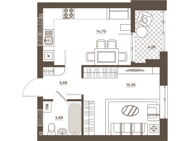 ЖК Hvoya: планування 1-кімнатної квартири 41.89 м²