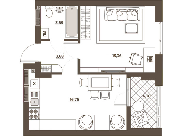 ЖК Hvoya: планировка 1-комнатной квартиры 43.98 м²