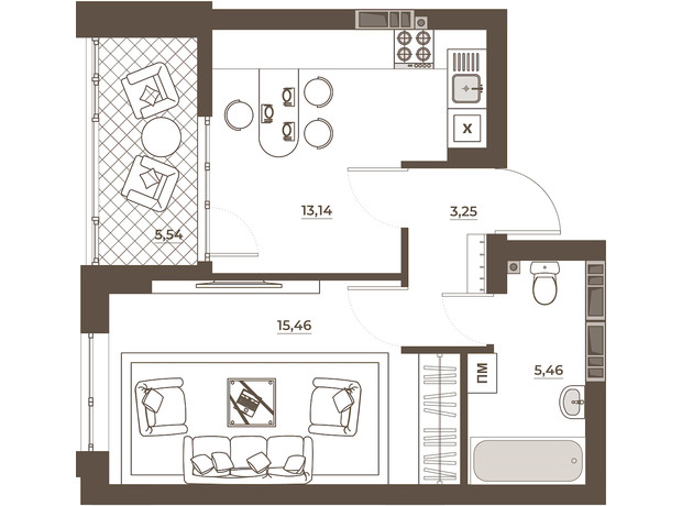 ЖК Hvoya: планування 1-кімнатної квартири 42.84 м²