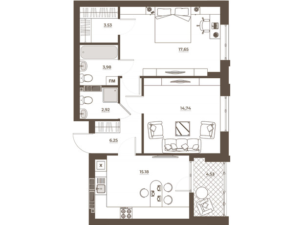 ЖК Hvoya: планировка 2-комнатной квартиры 68.78 м²