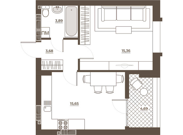 ЖК Hvoya: планування 1-кімнатної квартири 43.26 м²