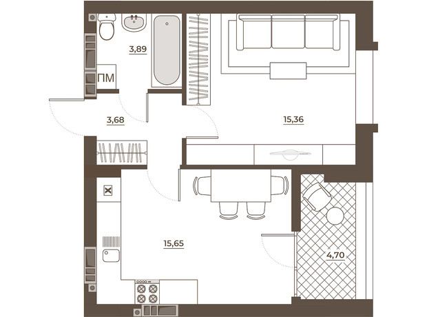 ЖК Hvoya: планування 1-кімнатної квартири 43.28 м²