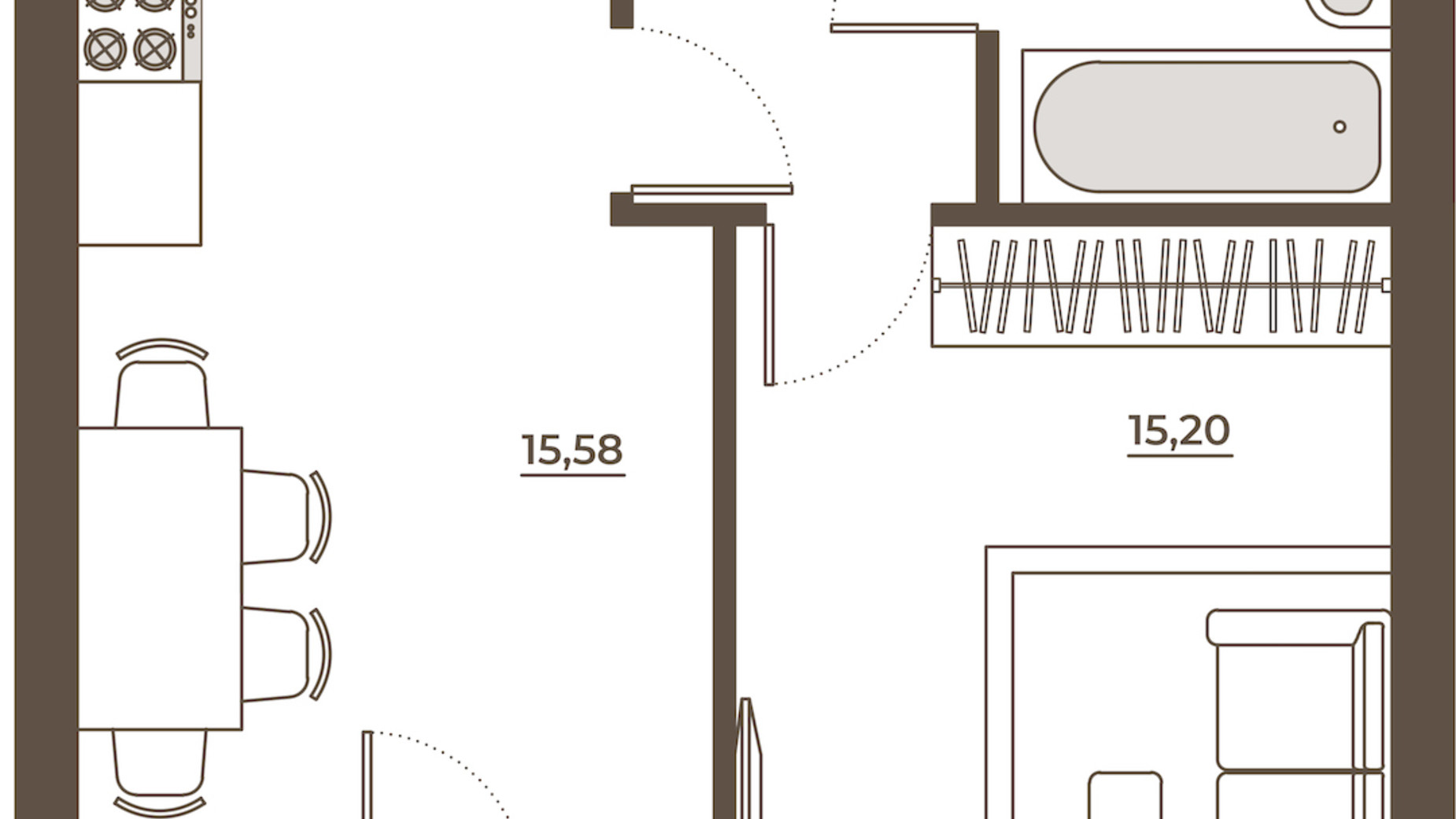 Планировка 1-комнатной квартиры в ЖК Hvoya 42.63 м², фото 543309