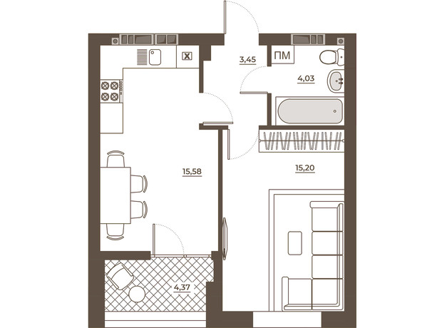 ЖК Hvoya: планування 1-кімнатної квартири 42.63 м²