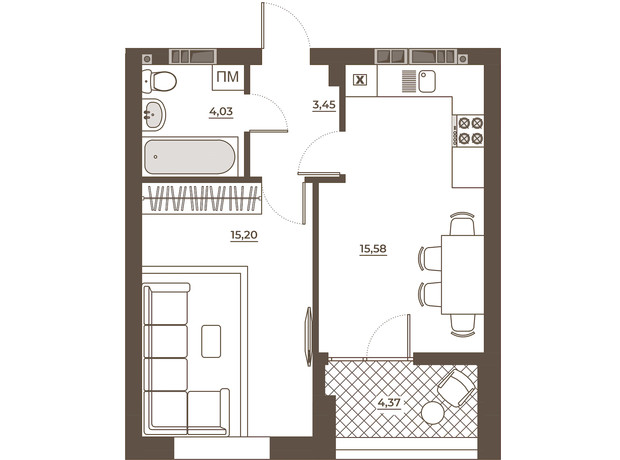ЖК Hvoya: планування 1-кімнатної квартири 42.63 м²