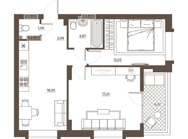 ЖК Hvoya: планування 2-кімнатної квартири 61.21 м²