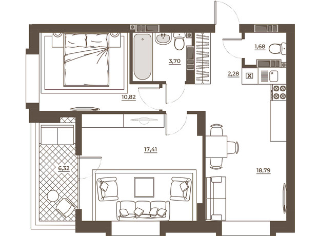 ЖК Hvoya: планування 2-кімнатної квартири 60.99 м²