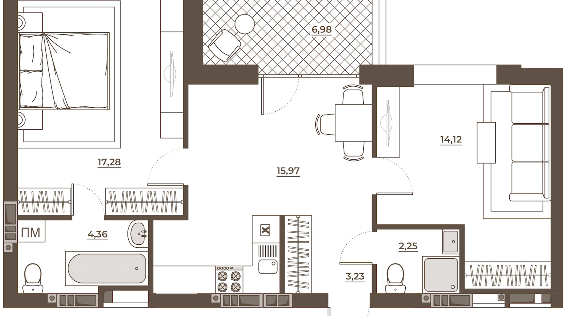 Планування 2-кімнатної квартири в ЖК Hvoya 64.19 м², фото 543314