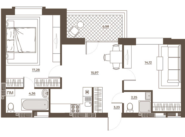 ЖК Hvoya: планировка 2-комнатной квартиры 64.19 м²