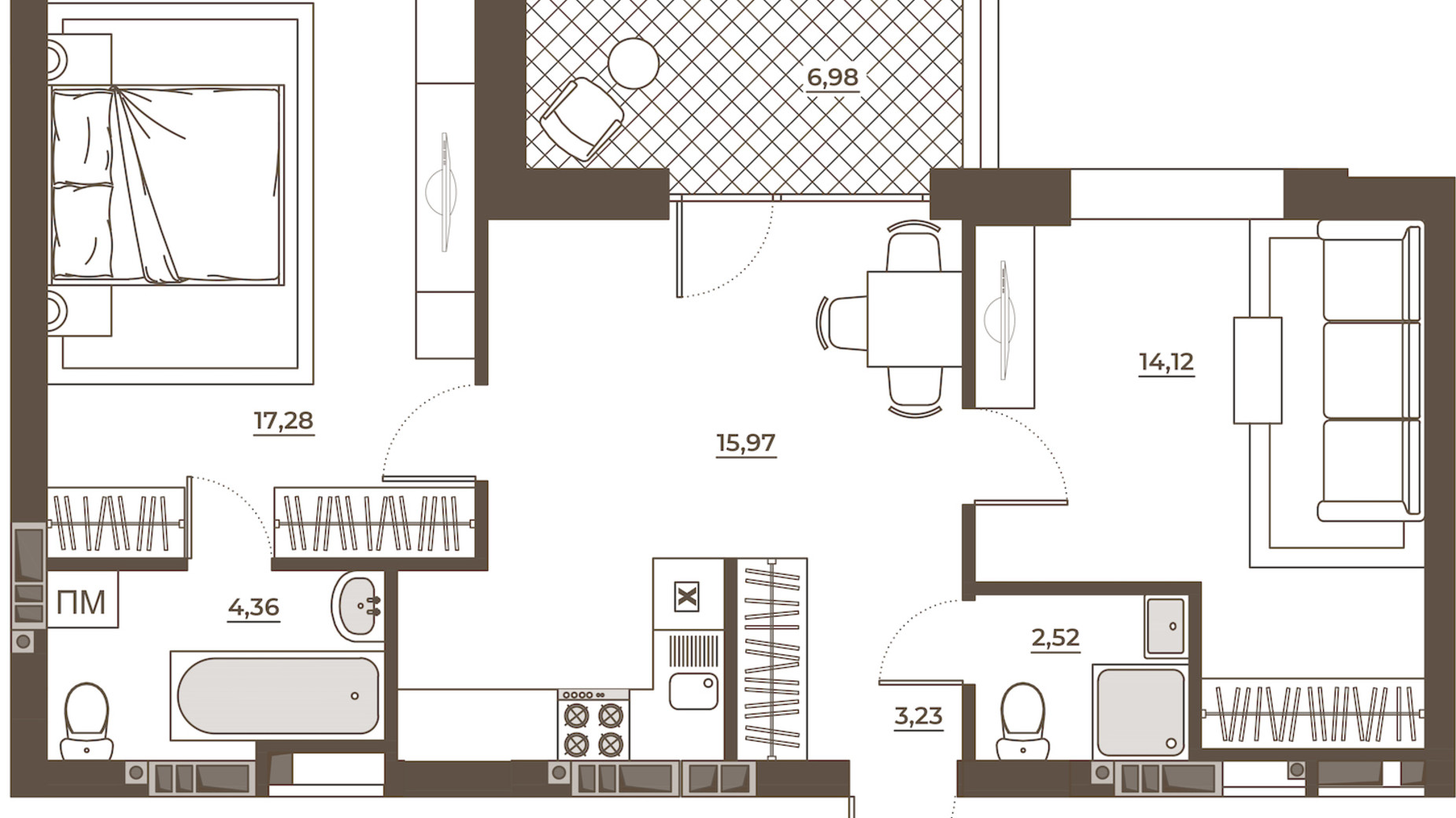 Планування 2-кімнатної квартири в ЖК Hvoya 64.46 м², фото 543315