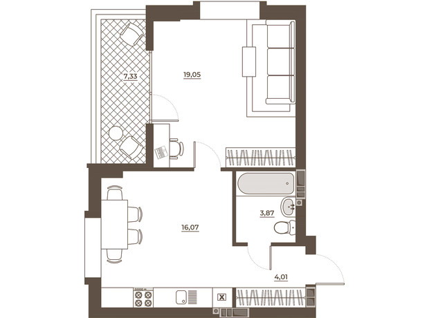 ЖК Hvoya: планування 1-кімнатної квартири 50.32 м²